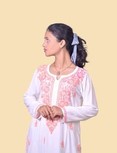 White Red Thread Rayon Cotton Chikankari Kurta