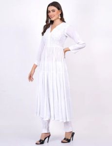 White Modal Three Layer Chikankari Dress