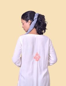 White Red Thread Rayon Cotton Chikankari Kurta