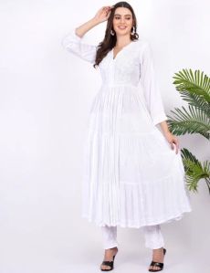White Modal Three Layer Chikankari Dress