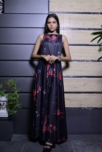 Black Digital Printed Full Length Gown