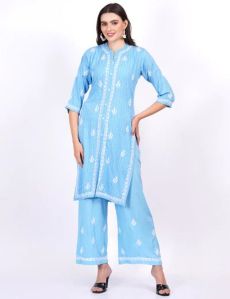 Blue Rayon Chikankari Suit Set