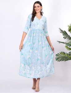 Blue Rayon Printed Chikankari Dress