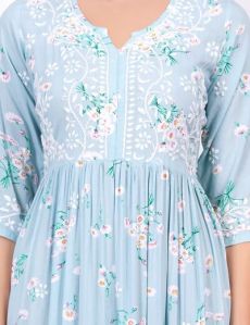 Blue Rayon Printed Chikankari Dress