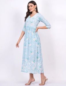 Blue Rayon Printed Chikankari Dress