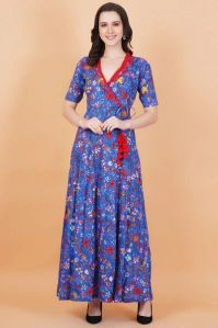 Blue Printed Full Length Kurti Style Dress