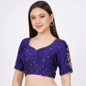 Navy Blue Raw Silk Embroidered Blouse