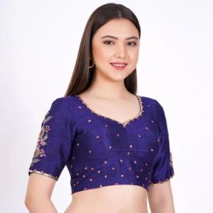 Navy Blue Raw Silk Embroidered Blouse