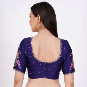 Navy Blue Raw Silk Embroidered Blouse