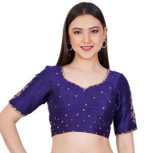 Navy Blue Raw Silk Embroidered Blouse