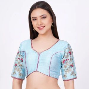 Sky Blue Raw Silk Embroidered Blouse