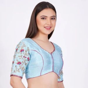 Sky Blue Raw Silk Embroidered Blouse