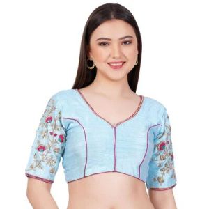 Sky Blue Raw Silk Embroidered Blouse