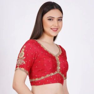 Red Raw Silk Embroidered Blouse