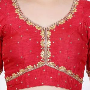 Red Raw Silk Embroidered Blouse