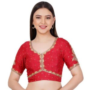 Red Raw Silk Embroidered Blouse