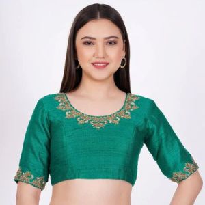 Green Raw Silk Embroidered Blouse