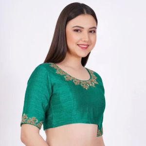 Green Raw Silk Embroidered Blouse