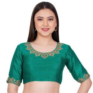 Green Raw Silk Embroidered Blouse