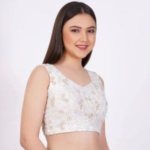 White Raw Silk Embroidered Blouse