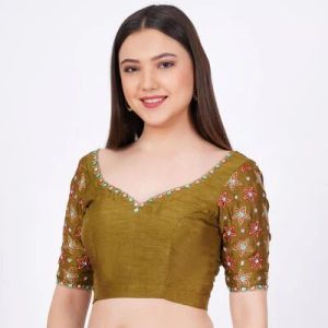 Olive Green Silk Embroidered Blouse