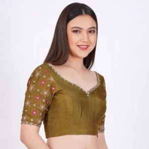 Olive Green Silk Embroidered Blouse