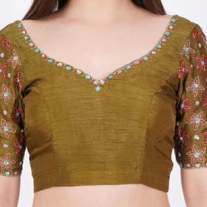 Olive Green Silk Embroidered Blouse
