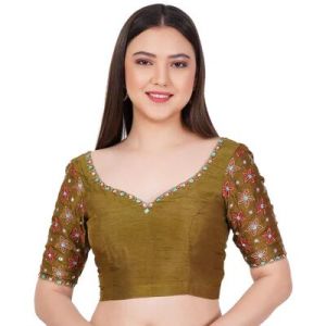 Olive Green Silk Embroidered Blouse