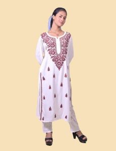 White Mehroon Thread Modal Cotton Chikankari Kurta