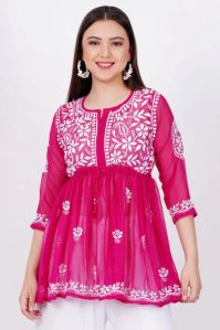 Dark Pink Georgette Chikankari Short Kurti