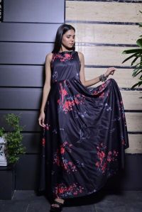 Black Digital Printed Full Length Gown