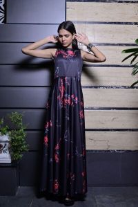 Black Digital Printed Full Length Gown