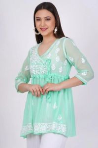 Sea Green Georgette Chikankari Short Kurti