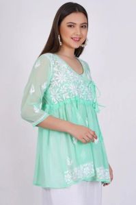 Sea Green Georgette Chikankari Short Kurti