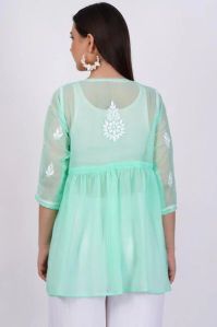 Sea Green Georgette Chikankari Short Kurti