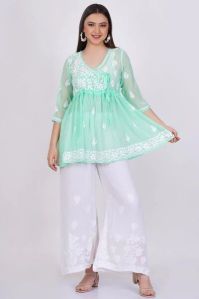 Sea Green Georgette Chikankari Short Kurti