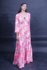 Pink Floral Printed Full Length Gown