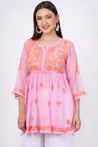 Light Pink Georgette Chikankari Short Kurti