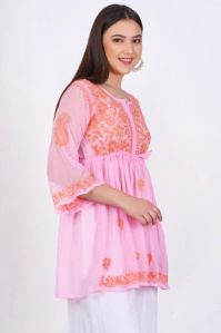 Light Pink Georgette Chikankari Short Kurti