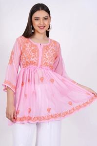 Light Pink Georgette Chikankari Short Kurti