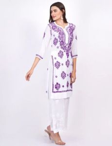 White Purple Thread Modal Cotton Chikankari Kurti