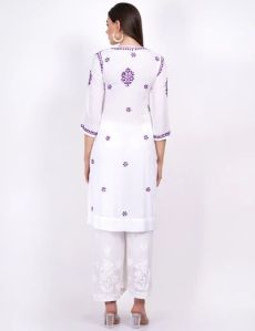 White Purple Thread Modal Cotton Chikankari Kurti