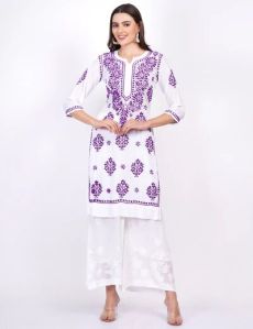 White Purple Thread Modal Cotton Chikankari Kurti