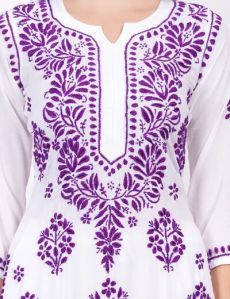 White Purple Thread Modal Cotton Chikankari Kurti