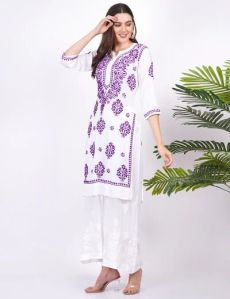 White Purple Thread Modal Cotton Chikankari Kurti