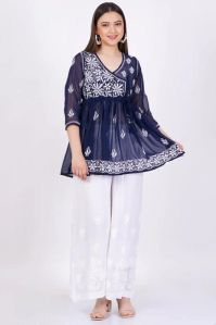 Navy Blue Georgette Chikankari Short Kurti