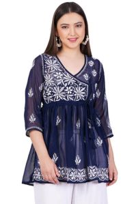 Navy Blue Georgette Chikankari Short Kurti