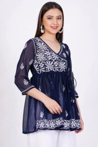 Navy Blue Georgette Chikankari Short Kurti