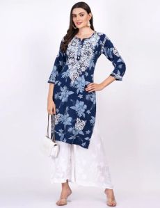 Navy Blue Printed Kurti Plazo Suit Set