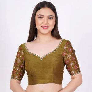 Olive Green Silk Embroidered Blouse